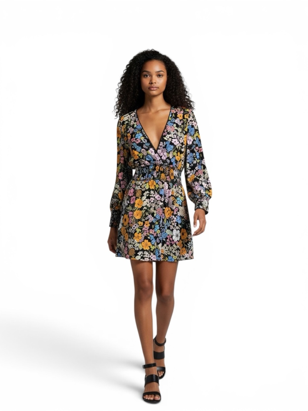 W.A.Y.F Floral Long Sleeve Mini Dress M Black Multicolor Smocked Waist Boho